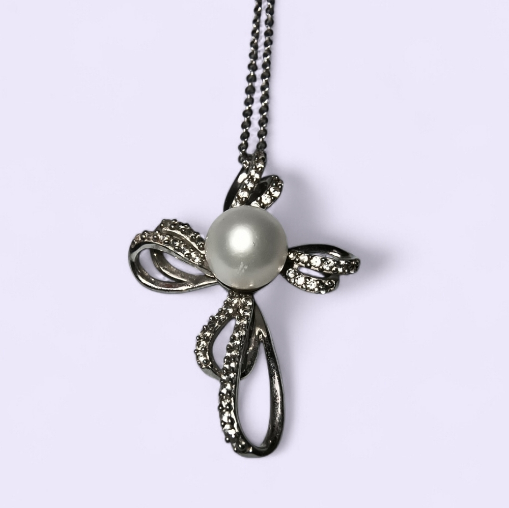 Michelle Albala Cultured Pearl, Clear Gemstone & Sterling Silver Cross Necklace